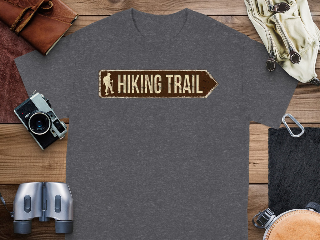Dark grey t-shirt with a brown hiker sign graphic that reads "HIKING TRAIL".