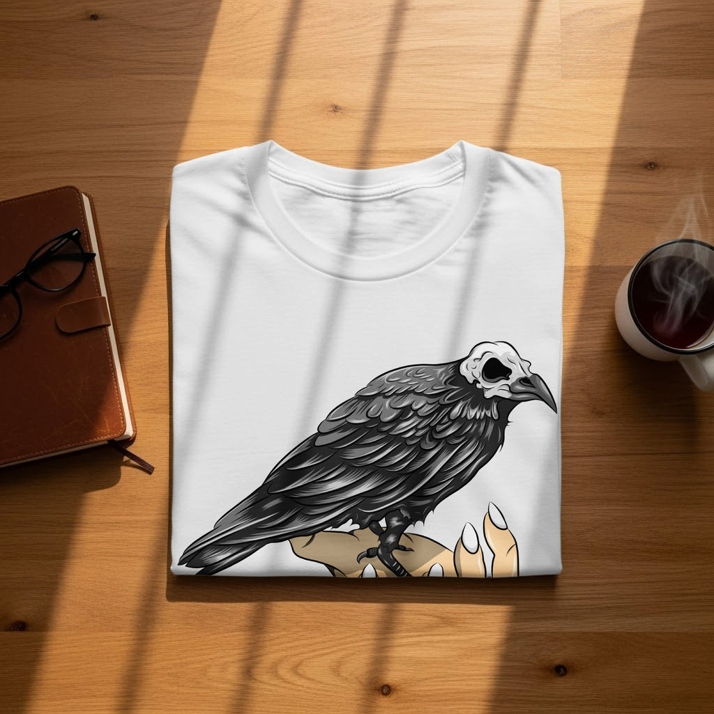 White t-shirt with a black crow graphic featuring a skull head perched on a hand.