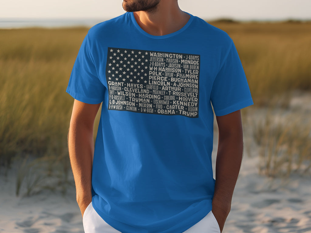 Blue t-shirt with a black and white American flag graphic featuring names of US presidents.