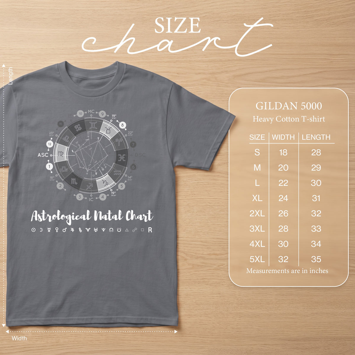 Grey t-shirt with astrological natal chart design and size chart.