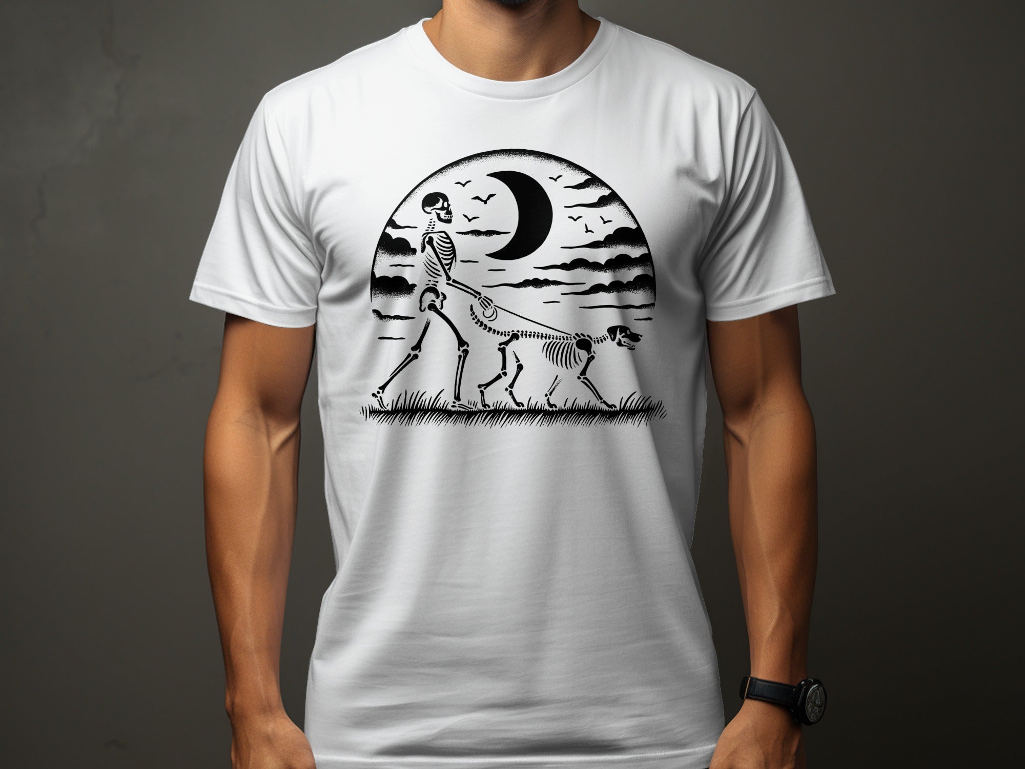 Skeleton walking a skeleton dog under a crescent moon.
