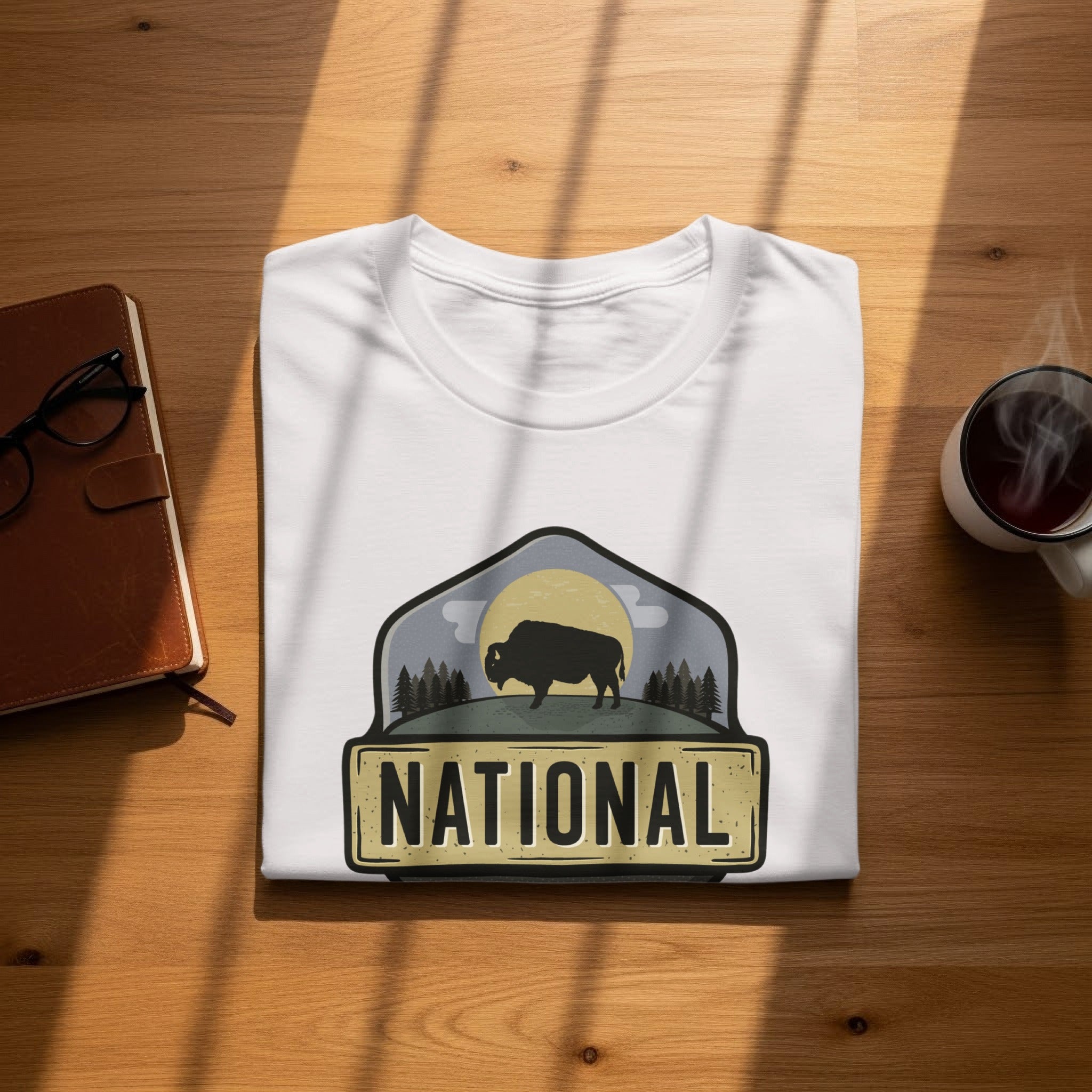 White t-shirt with a graphic of a bison in a national park setting.