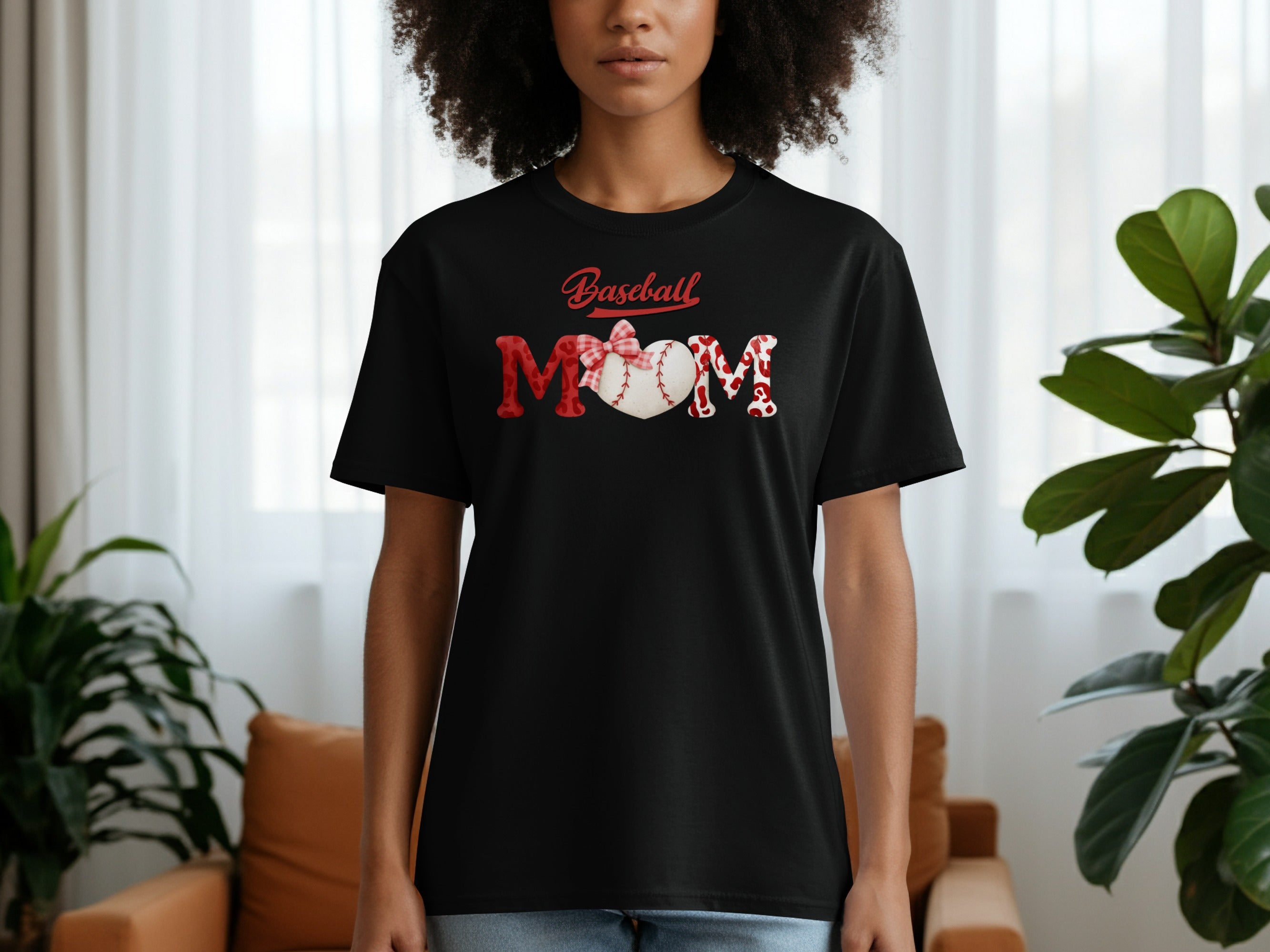 Black t-shirt with "Baseball MOM" graphic featuring a baseball heart and red lettering.