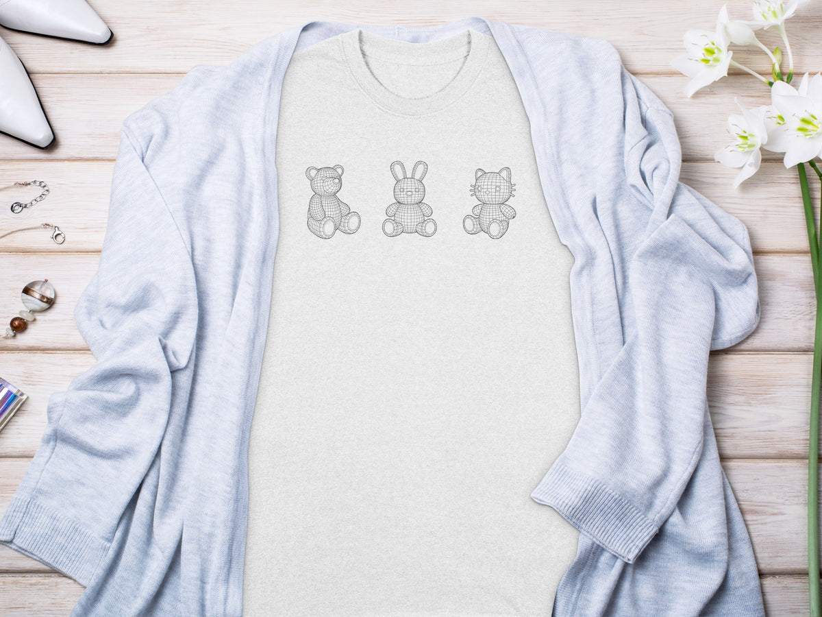 Light grey t-shirt with wireframe teddy bear, bunny, and cat graphic.