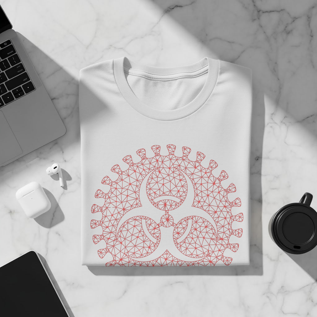 White t-shirt with a red geometric biohazard symbol design.