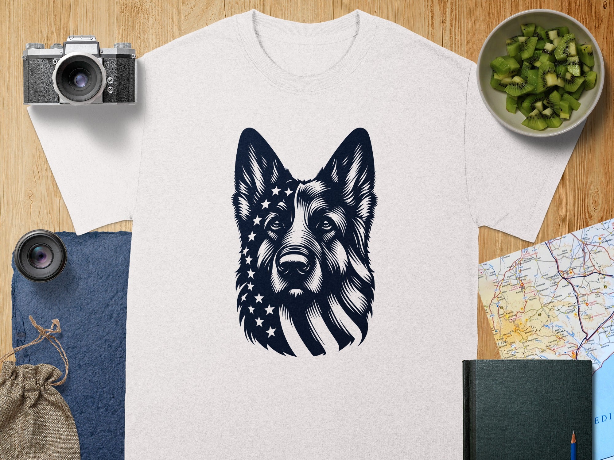 White t-shirt with a German Shepherd dog graphic incorporating the American flag.