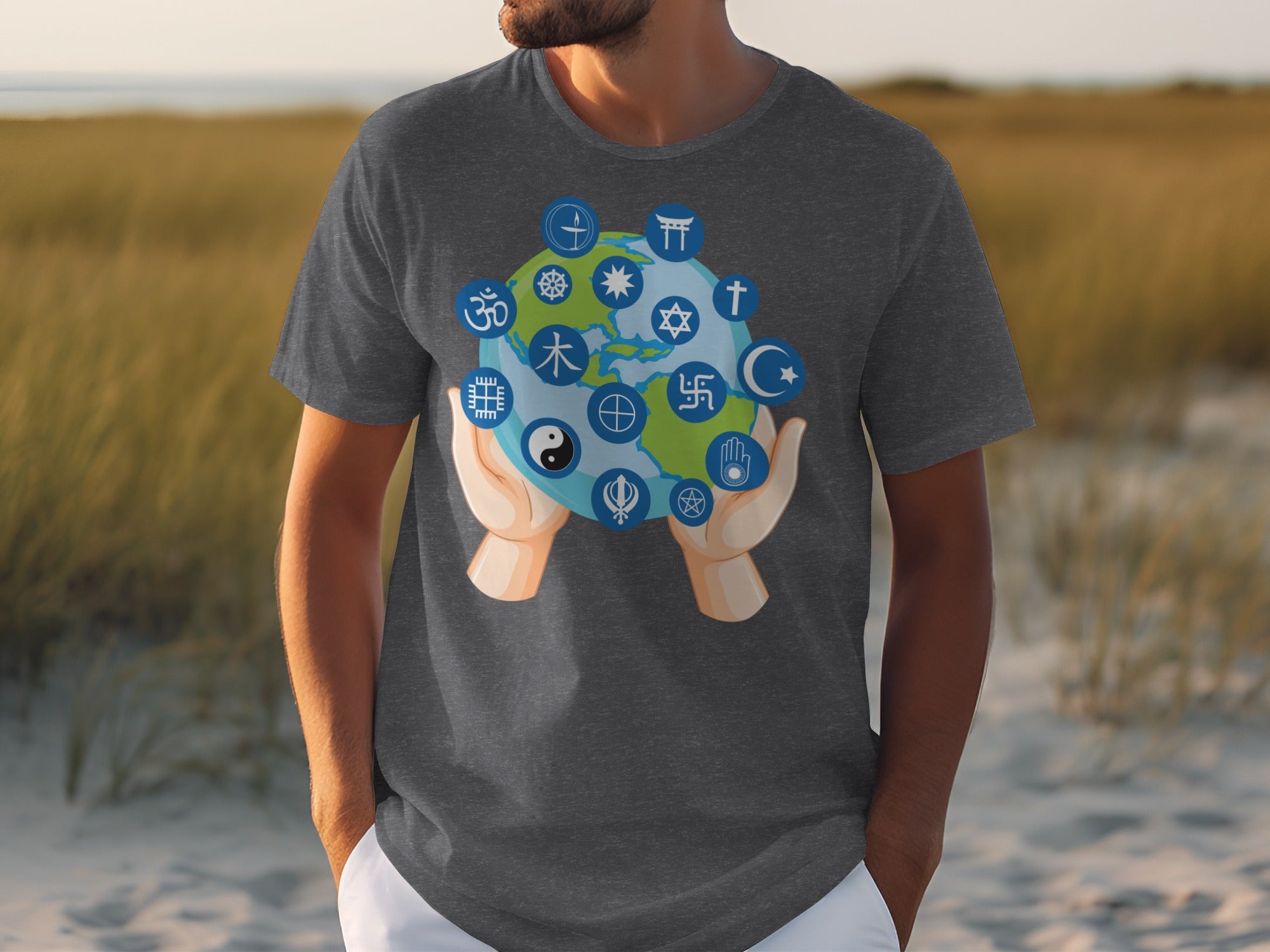 T-shirt graphic of Earth held by hands surrounded by religious and cultural symbols.