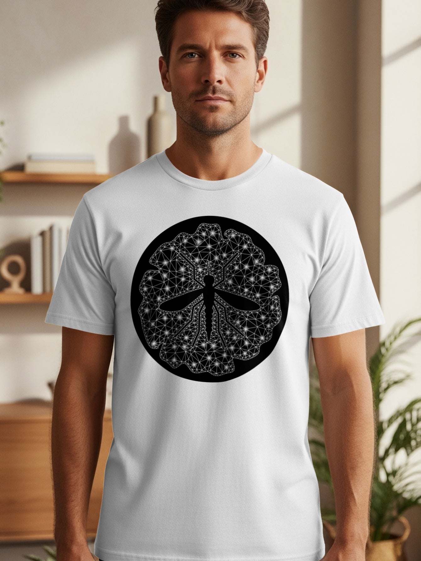 White t-shirt with black circular graphic of a geometric mosquito.