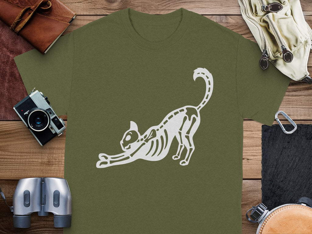 Olive green t-shirt with white cat skeleton stretching graphic.