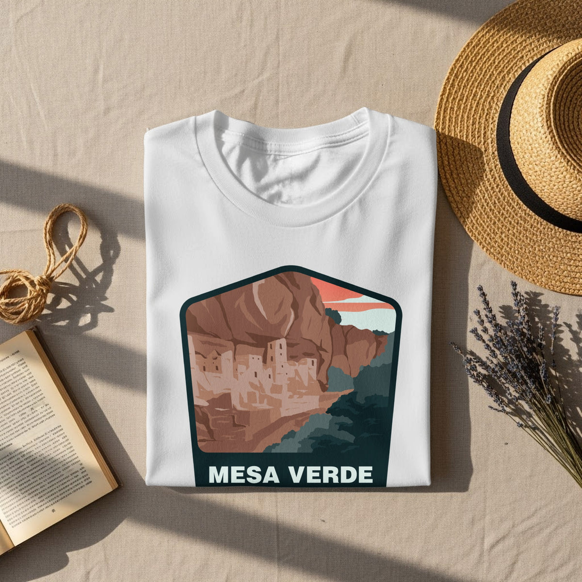 White t-shirt with Mesa Verde cliff dwellings graphic and text.