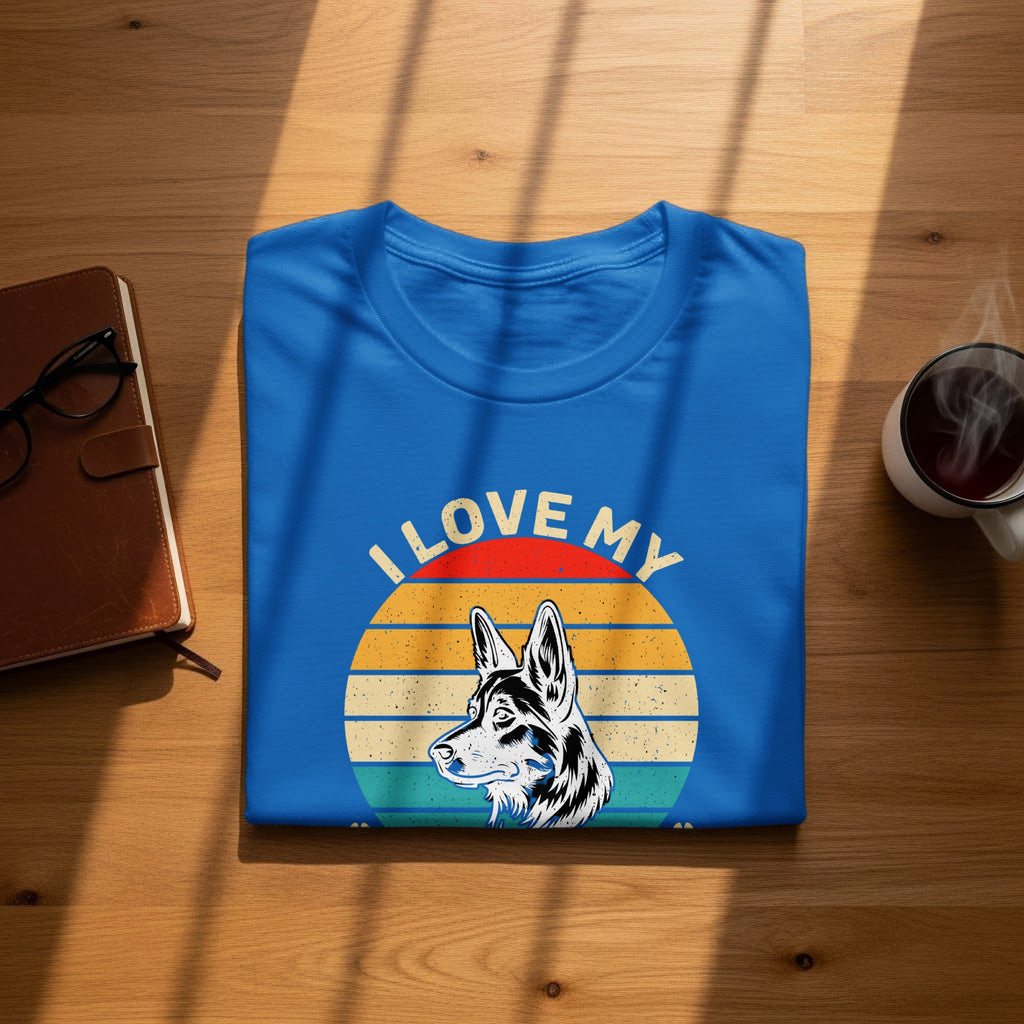 Blue t-shirt with "I LOVE MY" and a German Shepherd dog head graphic.