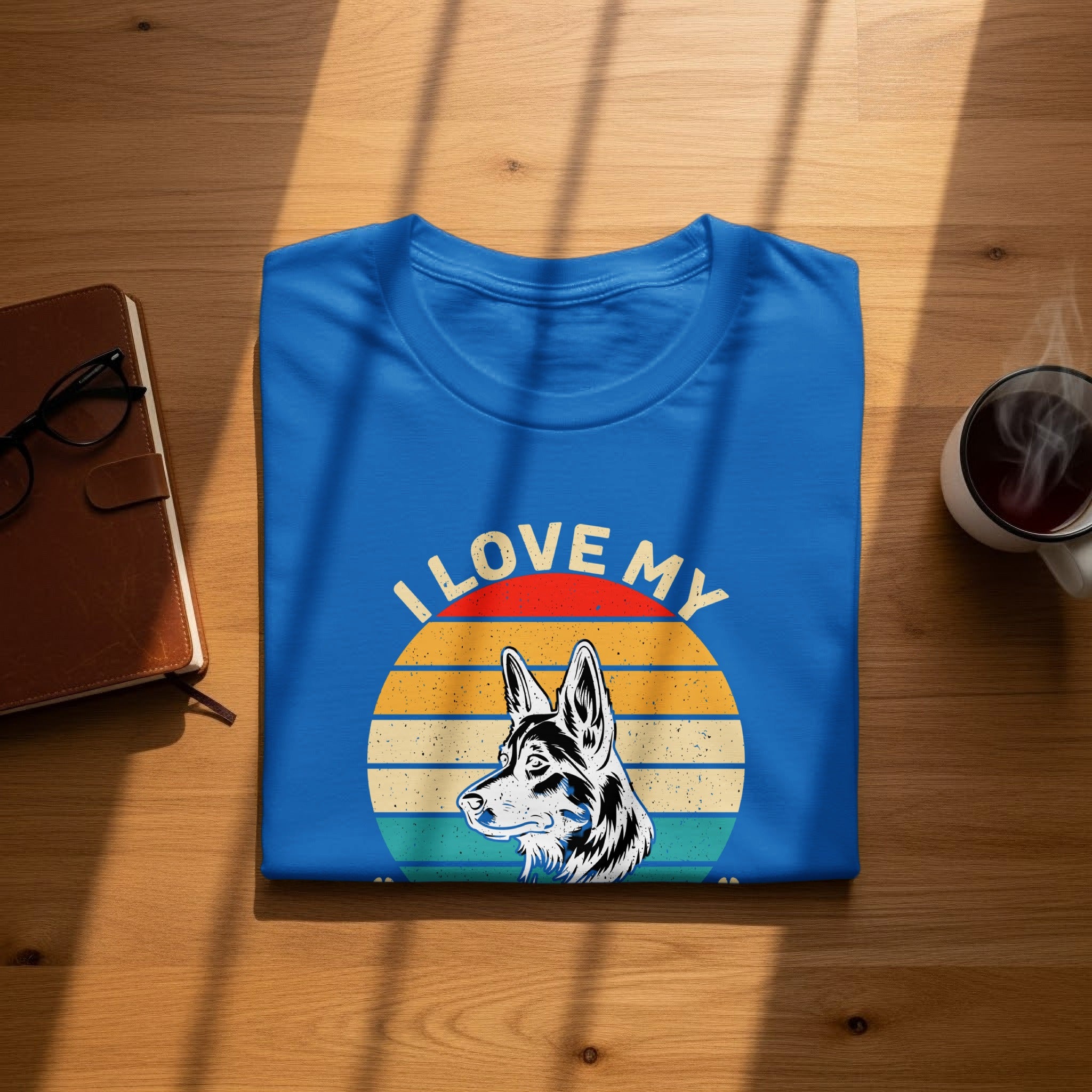 Blue t-shirt with "I LOVE MY" and a German Shepherd dog head graphic.