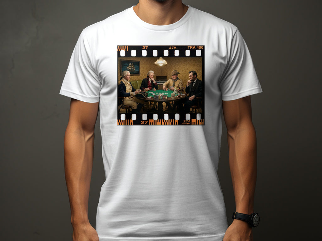 Historical figures play poker on a table, framed by film strip borders, on a white t-shirt.