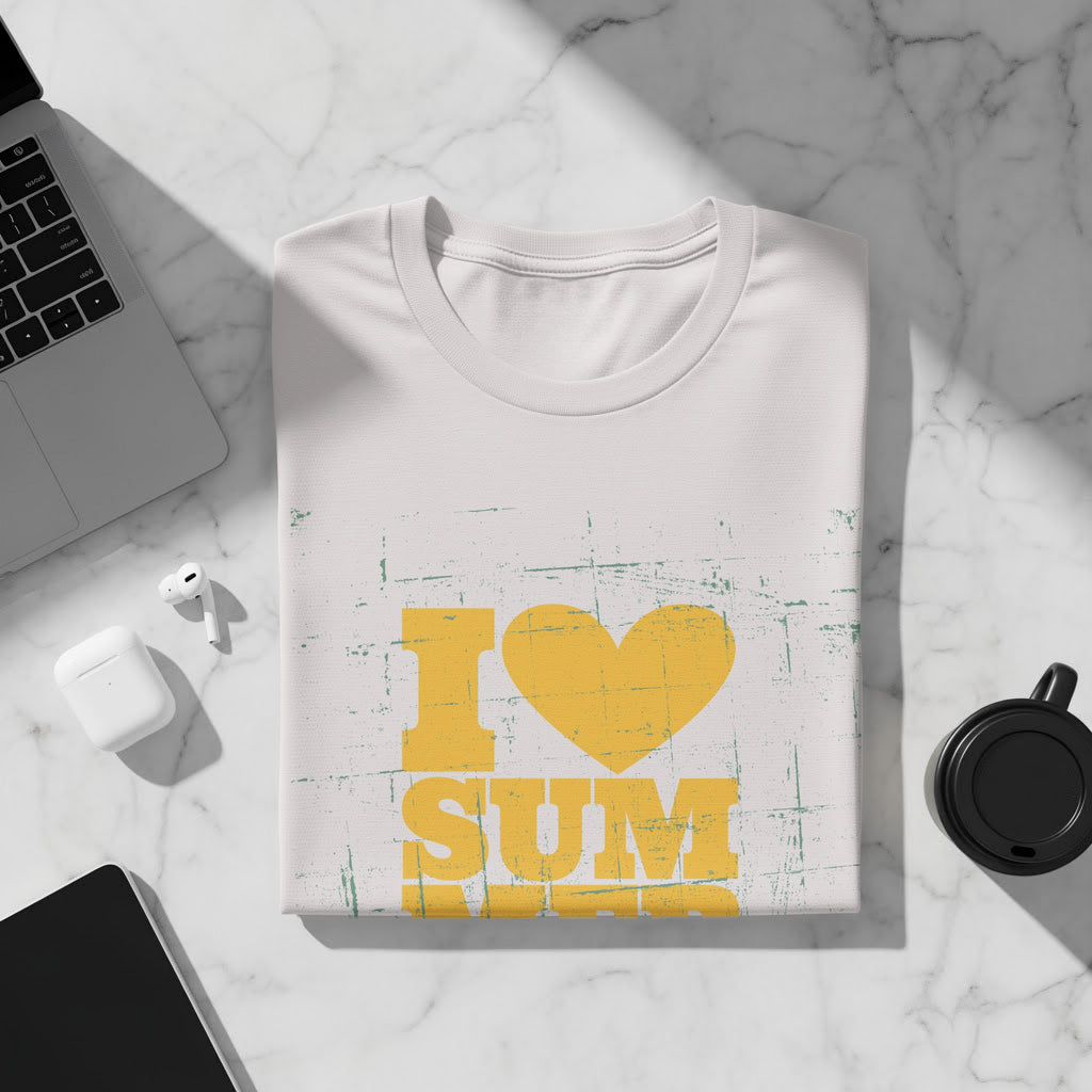 White t-shirt with distressed yellow "I ❤️ SUM" graphic.