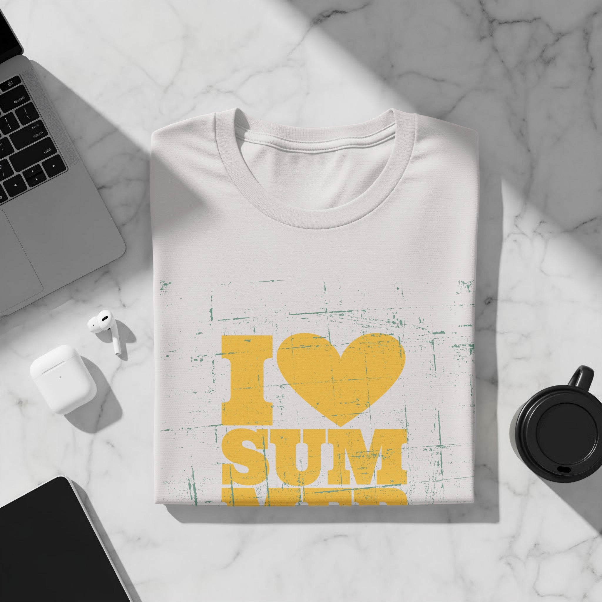 White t-shirt with distressed yellow "I ❤️ SUM" graphic.