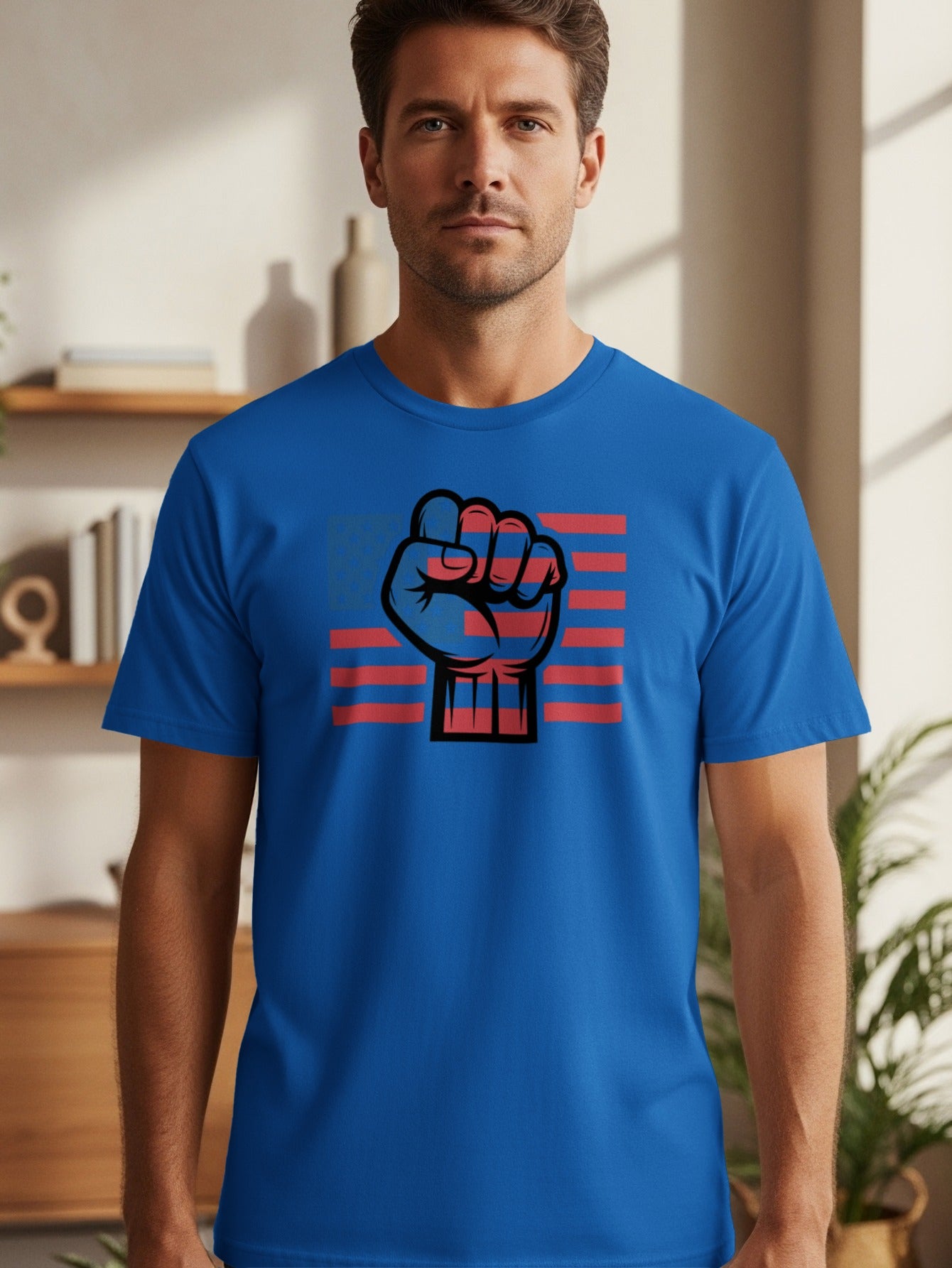 Blue t-shirt with a black and red raised fist design with American flag stripes.