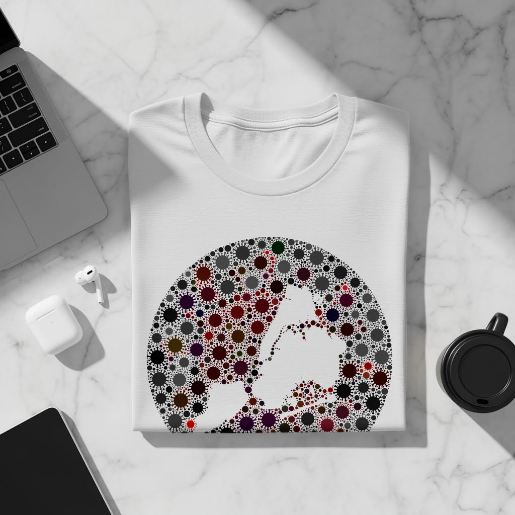 White t-shirt with a circular graphic of a world map made of multi-colored virus shapes.