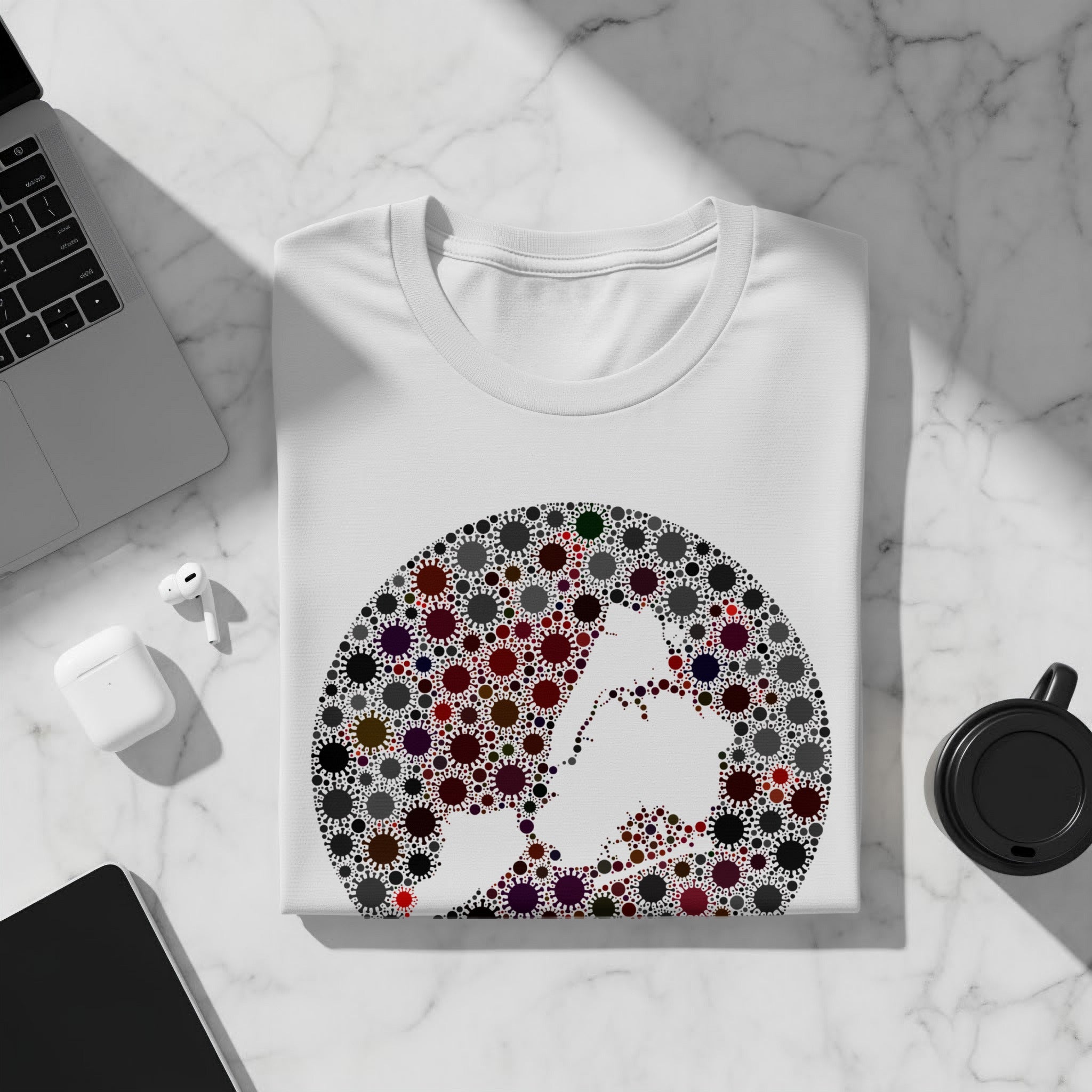White t-shirt with a circular graphic of a world map made of multi-colored virus shapes.