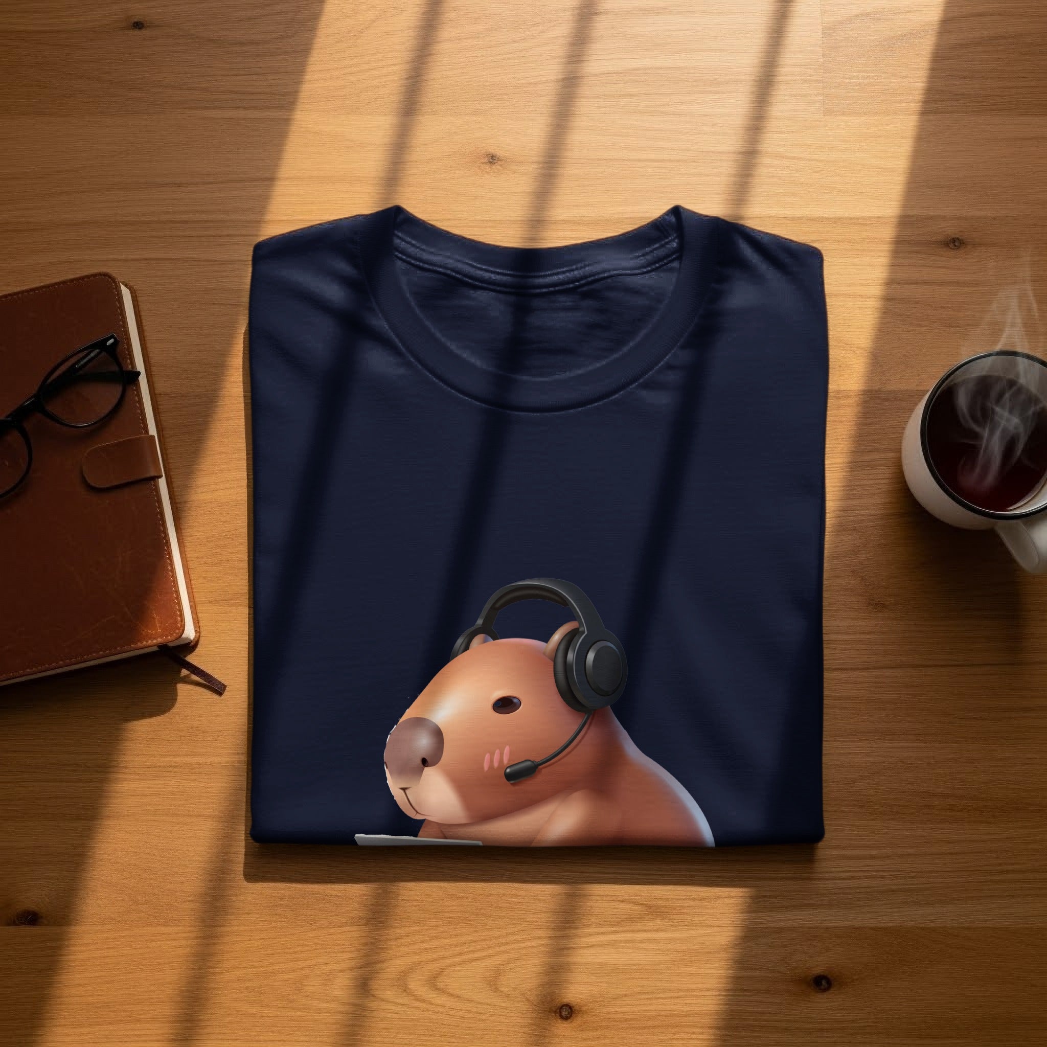 Navy t-shirt with a capybara wearing headphones graphic design.