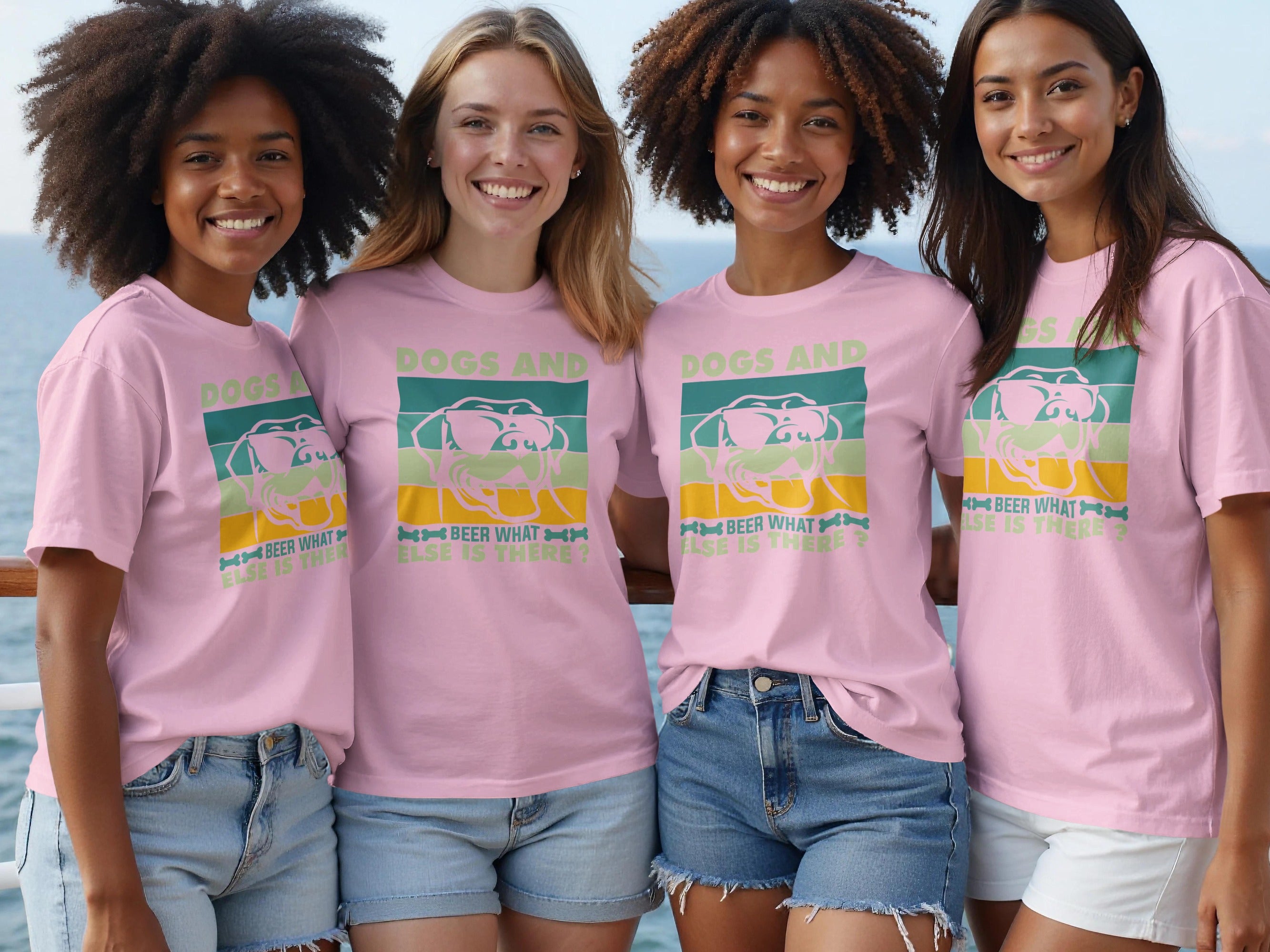 Four women wear pink t-shirts with a graphic of a sunglasses-wearing dog and text.