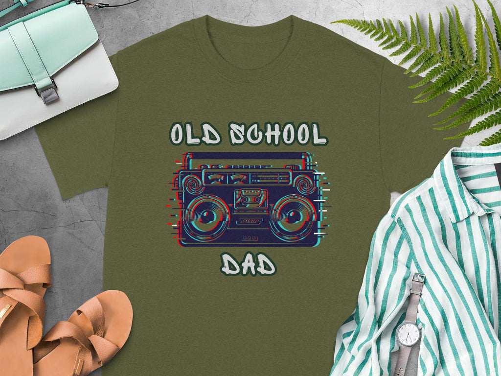 Olive green t-shirt with "OLD SCHOOL DAD" text and boombox graphic.