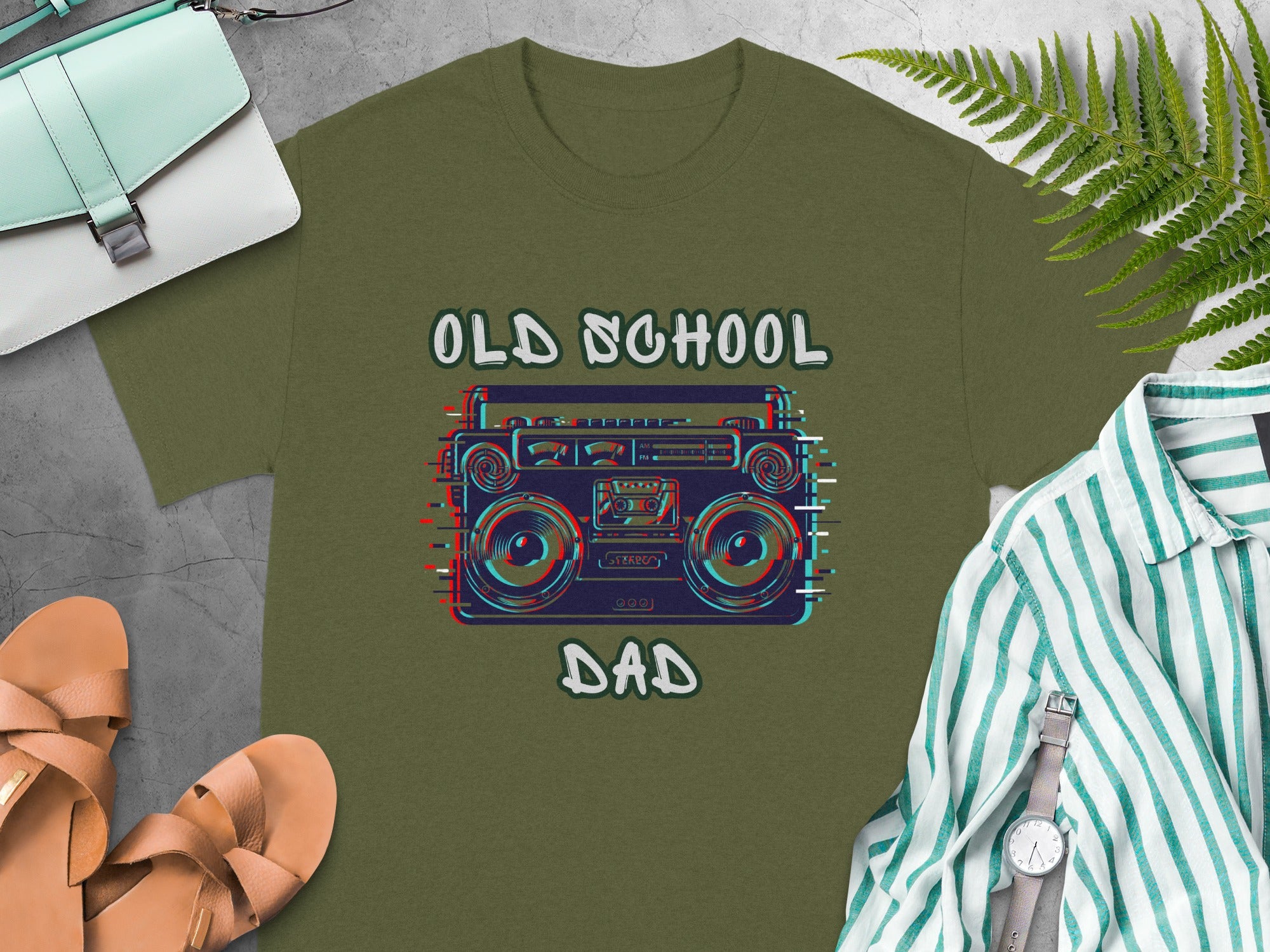 Olive green t-shirt with "OLD SCHOOL DAD" text and boombox graphic.