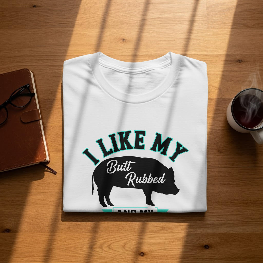 White t-shirt with "I Like My Butt Rubbed" and pig graphic.