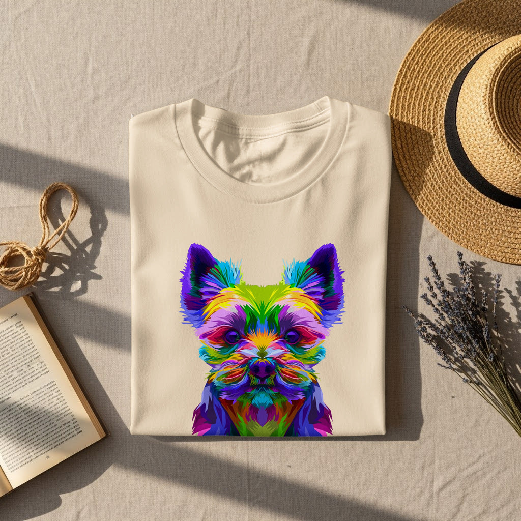 Cream t-shirt with colorful abstract dog face graphic, straw hat, open book.