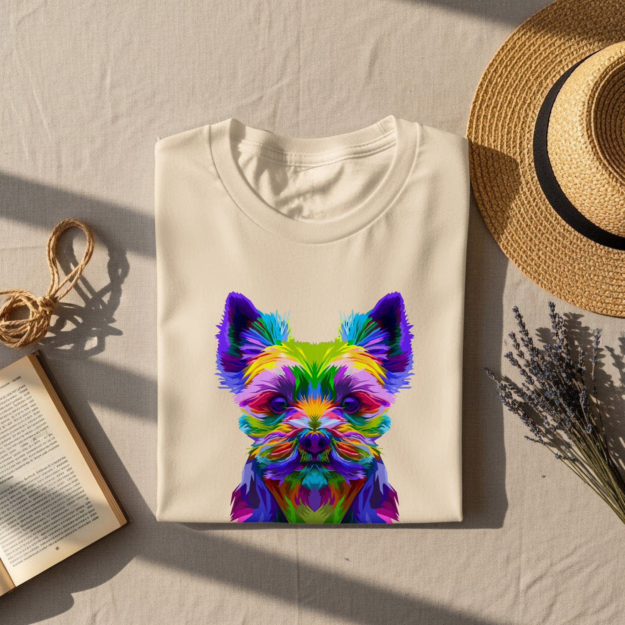 Cream t-shirt with colorful abstract dog face graphic, straw hat, open book.