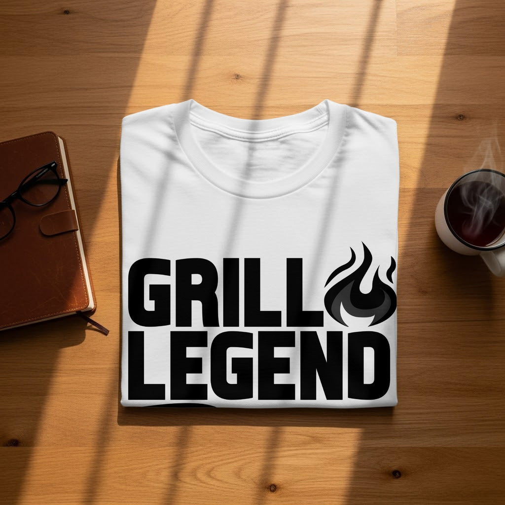 White t-shirt with black text "GRILL LEGEND" and flame graphic.
