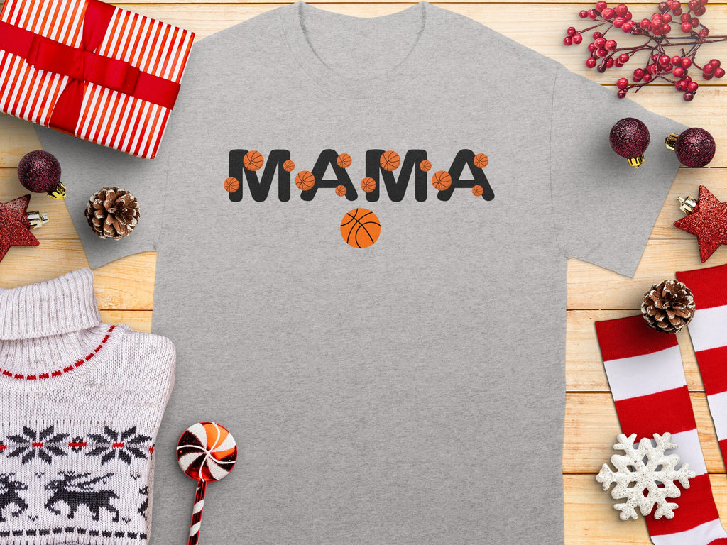 Grey t-shirt with "Mama" text and basketball graphics, surrounded by gifts and holiday decorations.