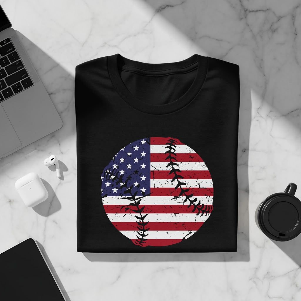 Black t-shirt with distressed American flag baseball graphic.