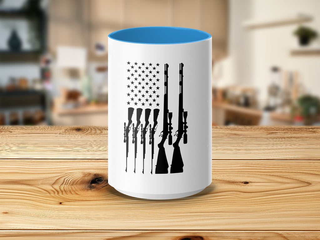 White mug with American flag design made of rifles and stars.