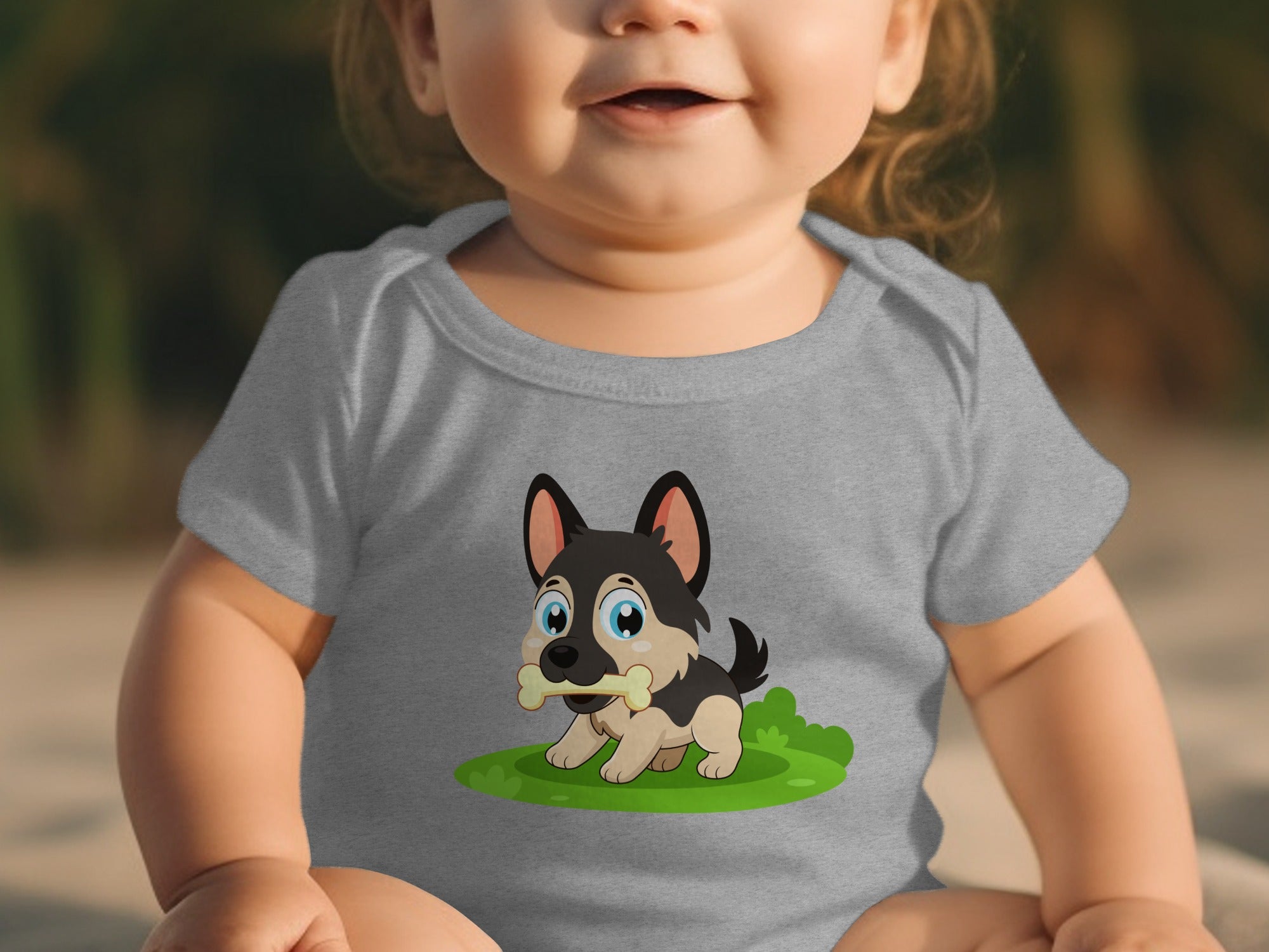 Baby wearing a grey t-shirt with a cartoon German Shepherd puppy holding a bone.