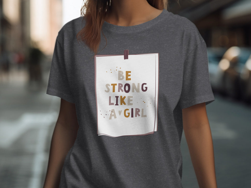 Dark grey t-shirt with text "BE STRONG LIKE A GIRL" and small decorative dots.
