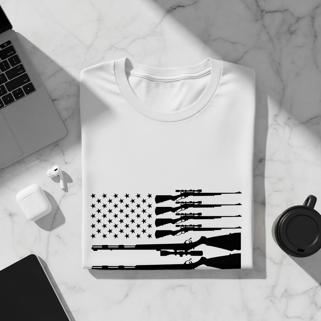 White t-shirt with American flag design featuring rifles.