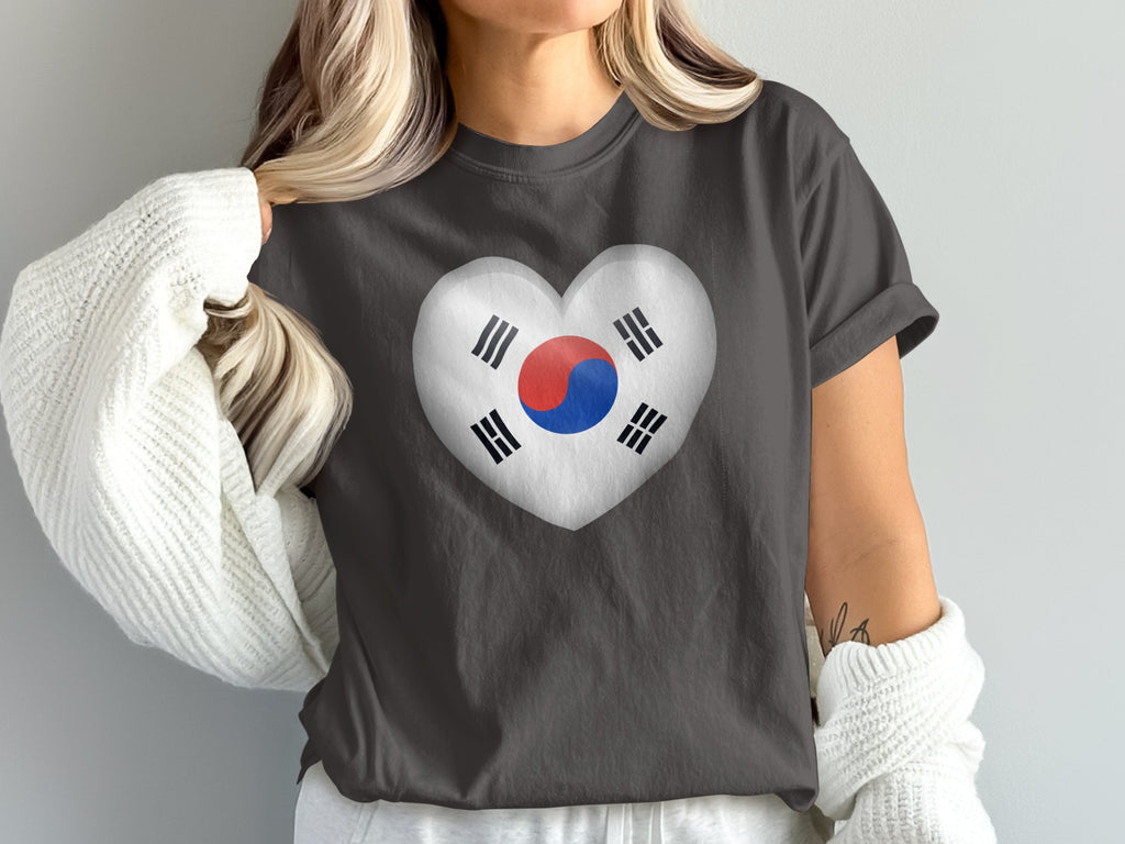 Heart-shaped South Korean flag design on a dark grey t-shirt.