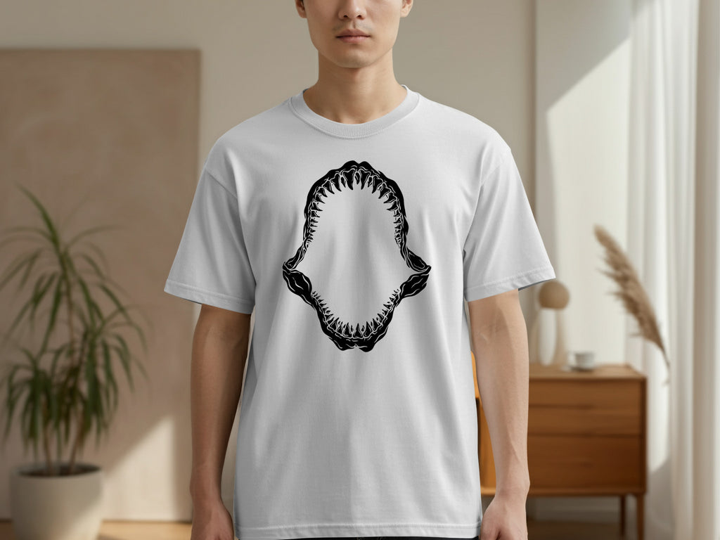 White t-shirt with a black graphic of a shark's open jaws and teeth.