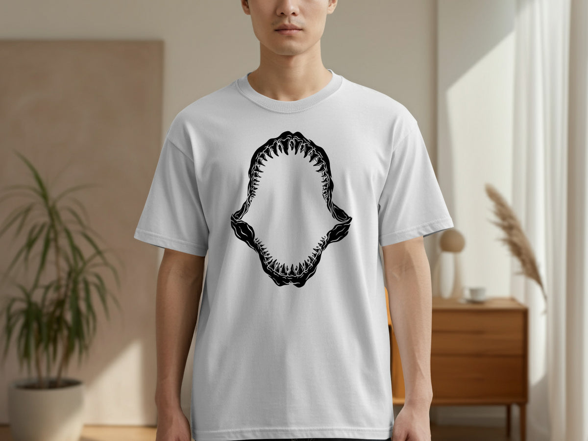 White t-shirt with a black graphic of a shark's open jaws and teeth.