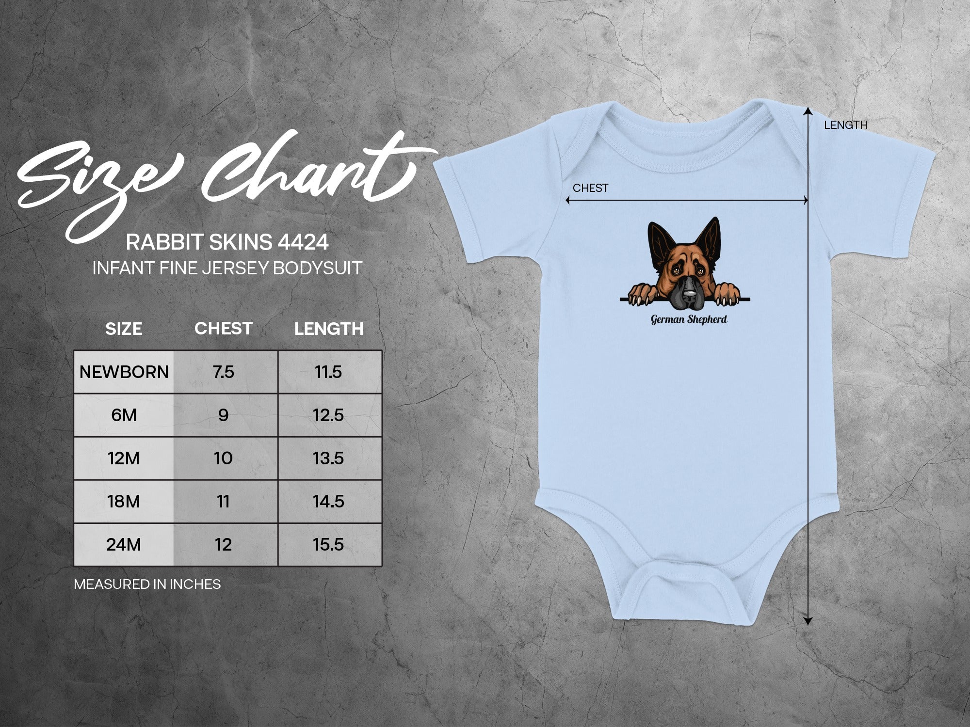 Rabbit Skins 4424 infant bodysuit size chart with chest and length measurements in inches.