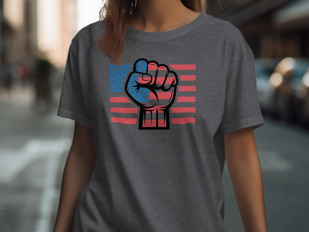 Dark gray t-shirt with a raised fist over the American flag design.
