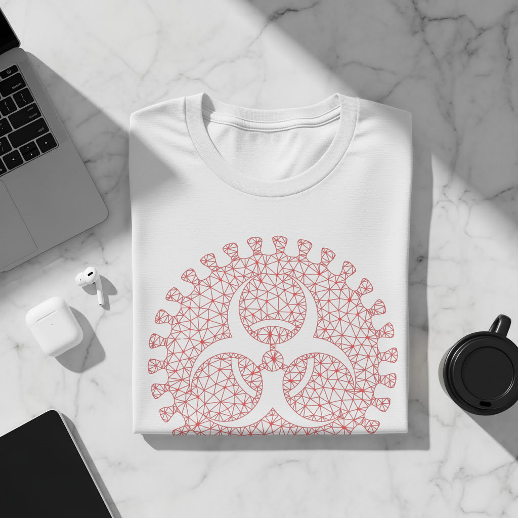 White t-shirt with geometric red biohazard symbol graphic.