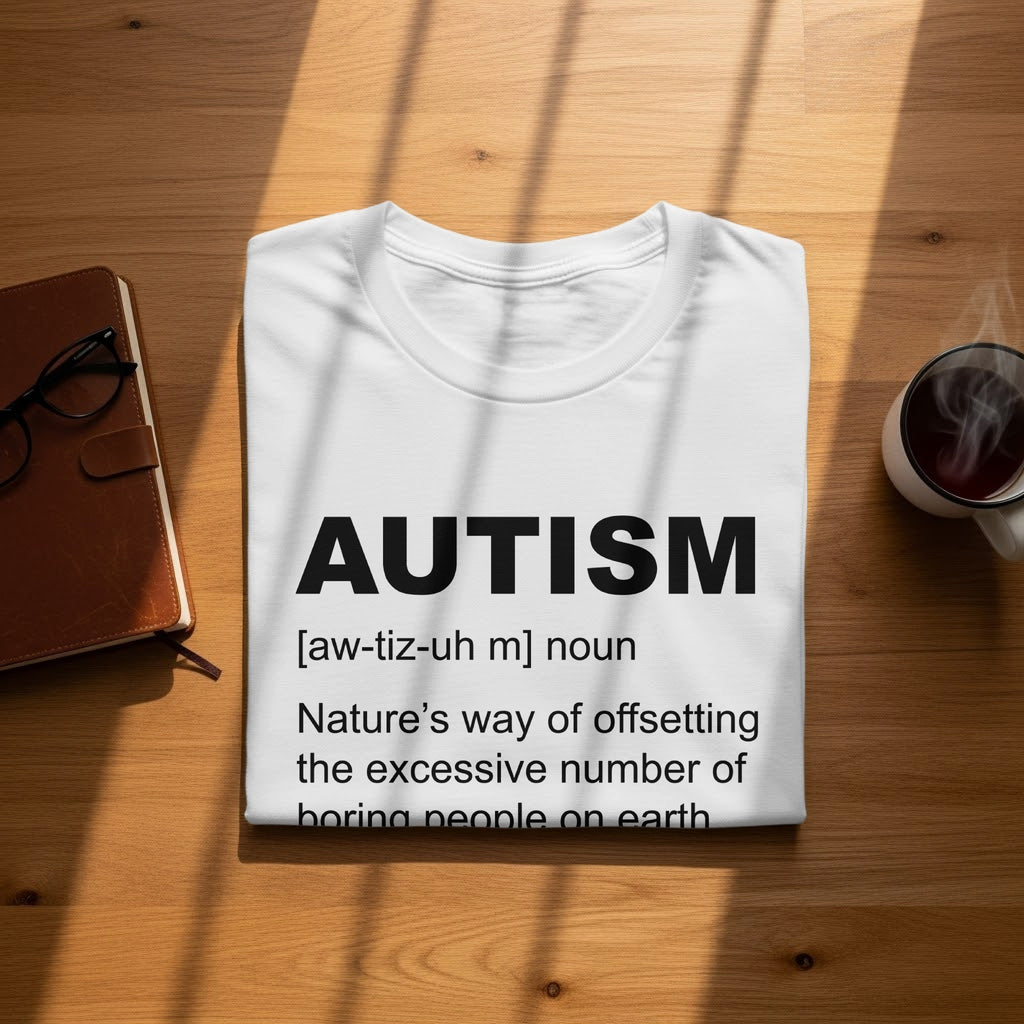 White t-shirt with "AUTISM" definition text on a wooden surface.
