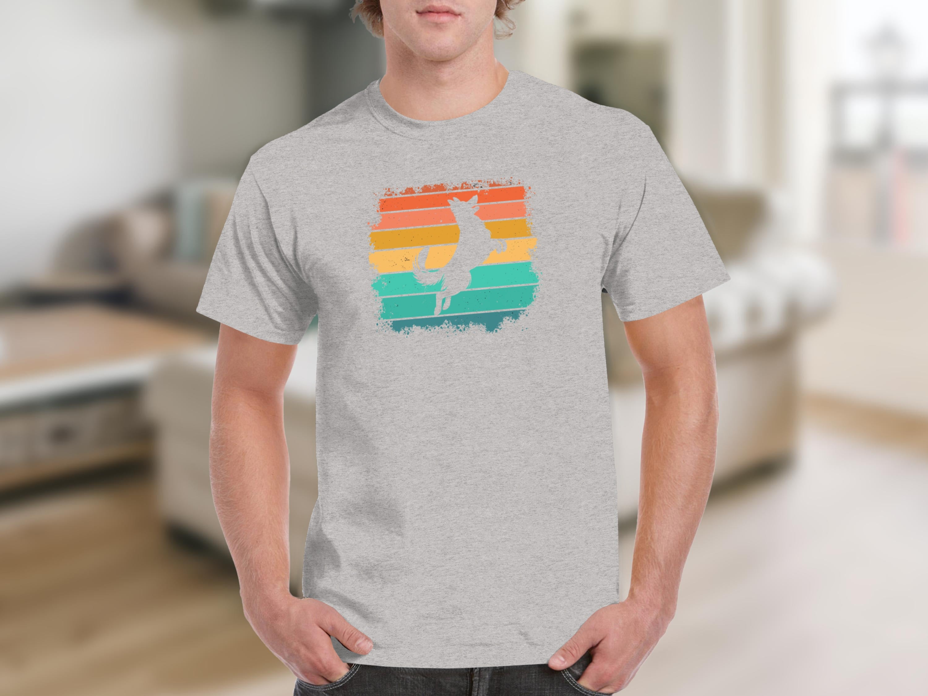 Grey t-shirt with silhouetted dog and colorful retro stripes design