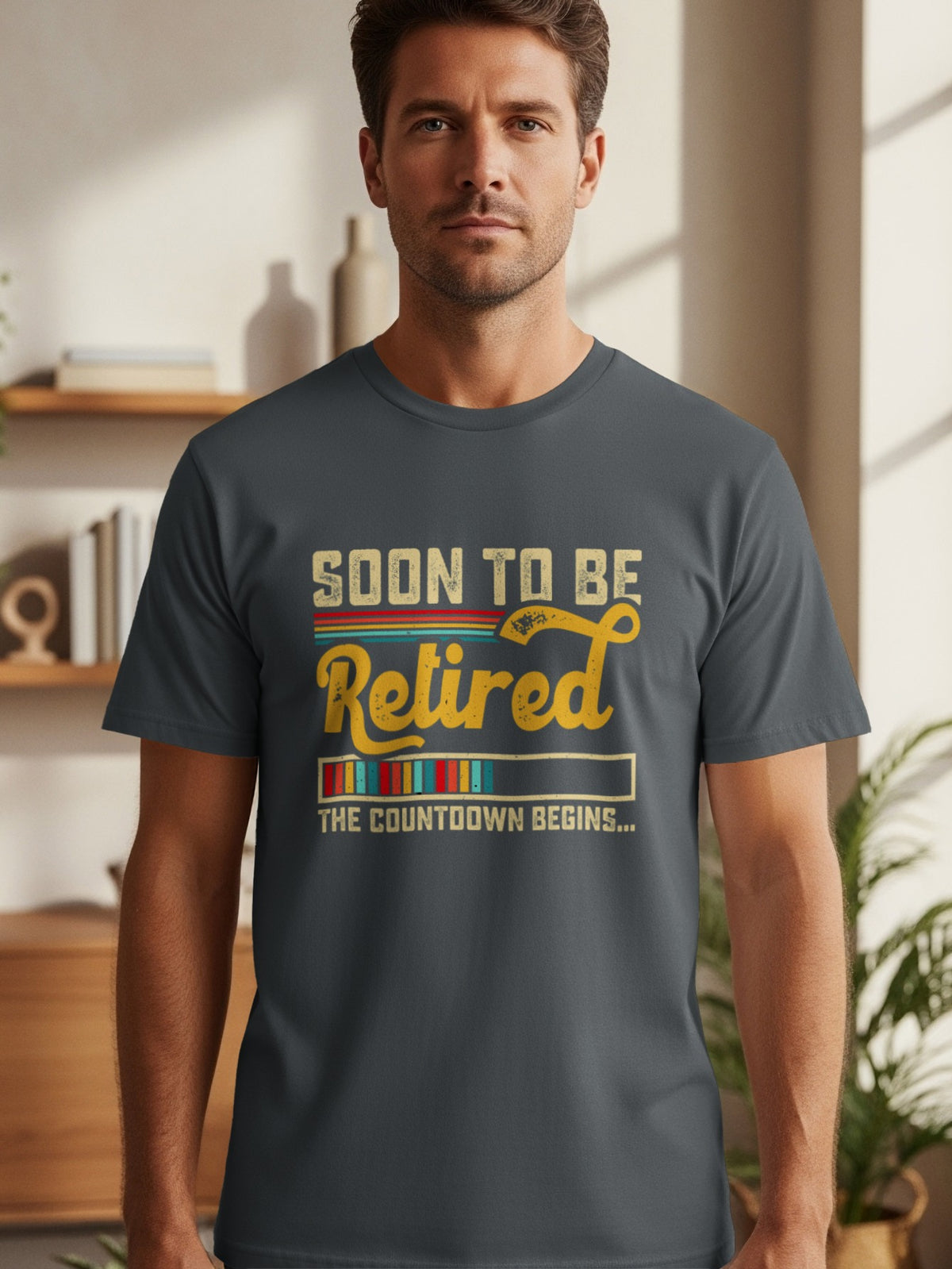 T-shirt graphic reads "Soon To Be Retired" with a colorful retro striped background and countdown bar.