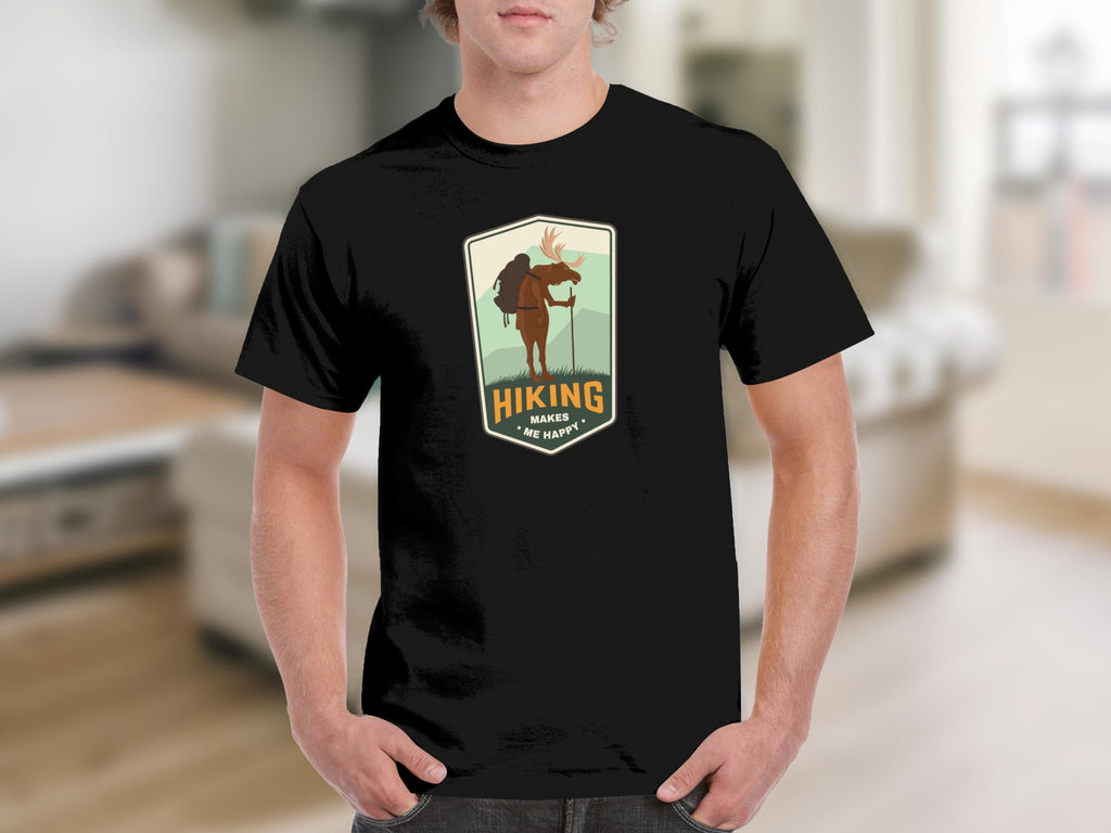 Black t-shirt with a hiking moose graphic that reads "Hiking makes me happy."