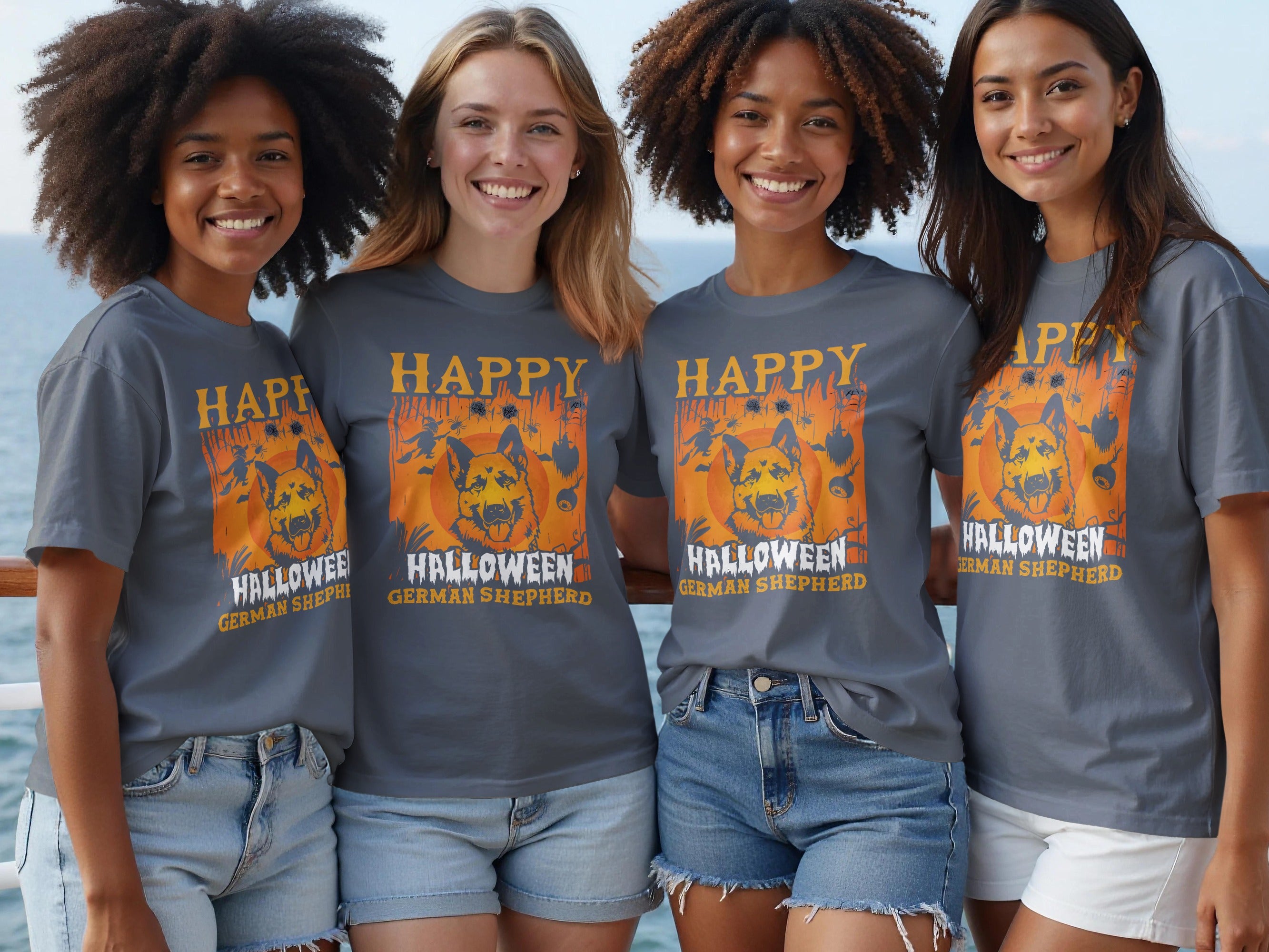 Four women wear grey t-shirts with "Happy Halloween German Shepherd" graphic.