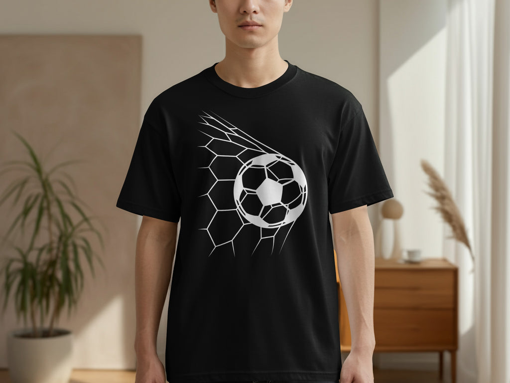Black t-shirt with white soccer ball graphic in a net.