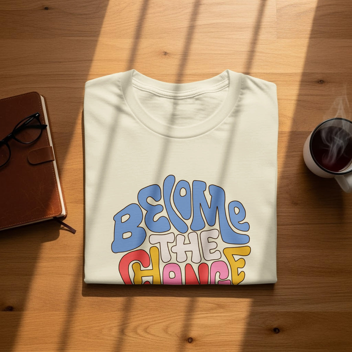 Cream t-shirt with colorful "Become the Change" text, on a wooden table.