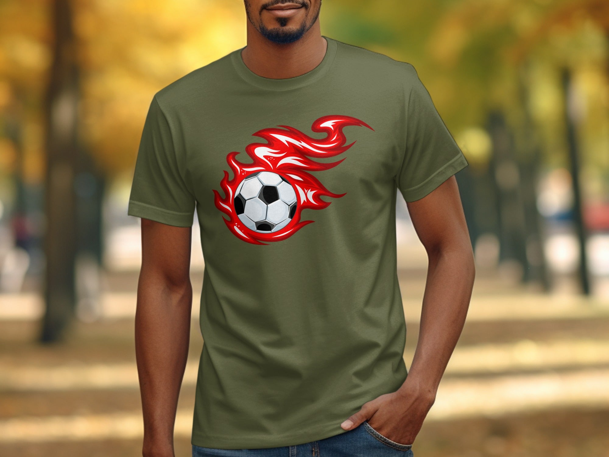 Green t-shirt with a soccer ball on fire graphic on the chest.